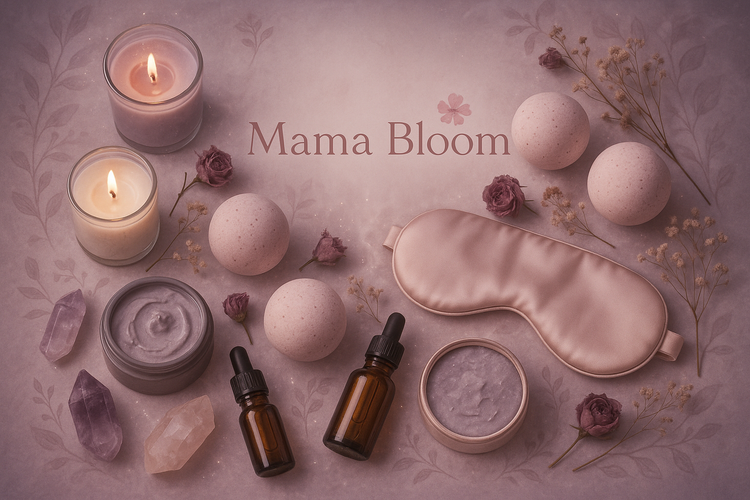 Self care items with mystery title with mama bloom logo